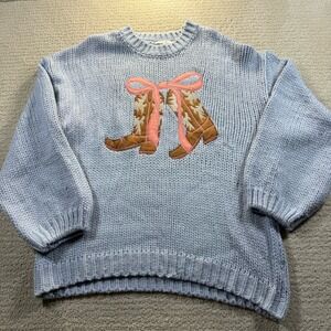 Baevely Women's Oversized‎ Light Blue Sweater With Boots & Bow Size M/L